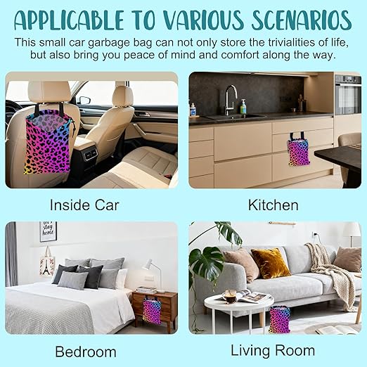 Car Garbage Bag Rainbow Cheetah Leopard Print Drawstring Car Trash Bag Hanging for Back Seat with Adjustable Buckle Canvas Vehicle Trash Can Easy-to-Install