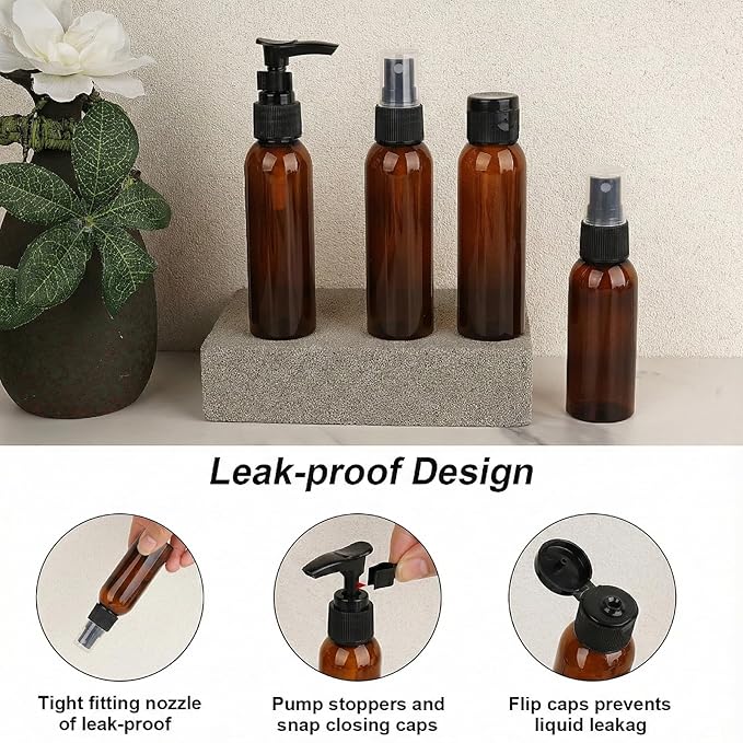 Cosywell Travel Size Bottles for Toiletries 15 2oz Pack TSA Approved Toiletry Bottles Leak Proof Travel Kit for Women Men TSA Clear Toiletry Bag Shampoo Lotion Skincare Cosmetic Container（Brown）