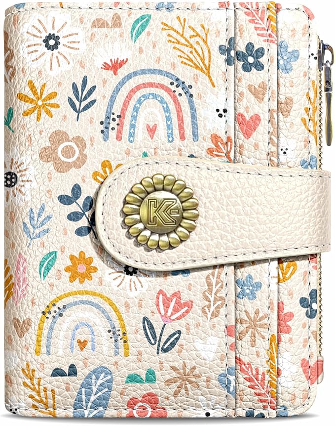 Kelvoris Rainbow Flower Floral Small Rfid Women Wallet Bifold Zipper Coin Pocket PU Leather Compact Cash Credit Card Holder Travel Wallet for Female Ladies Teen Girls 1 ID Window 10 Card Slots