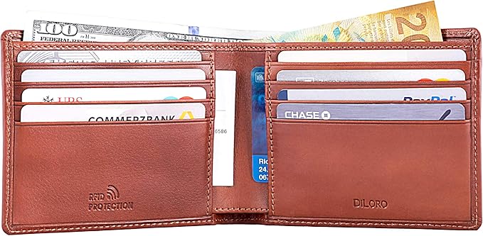 DiLoro Mens Wallet Full Grain Genuine Leather Slim Minimalist Front Pocket Bifold Soft Nappa RFID Protection (Tan)
