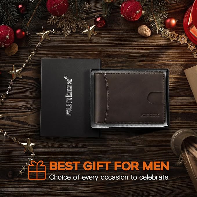 RUNBOX Slim Wallet for Men Genuine Leather RFID Blocking Bifold Minimalist Front Pocket Mens Wallet with Money Clip Thin Gift Box