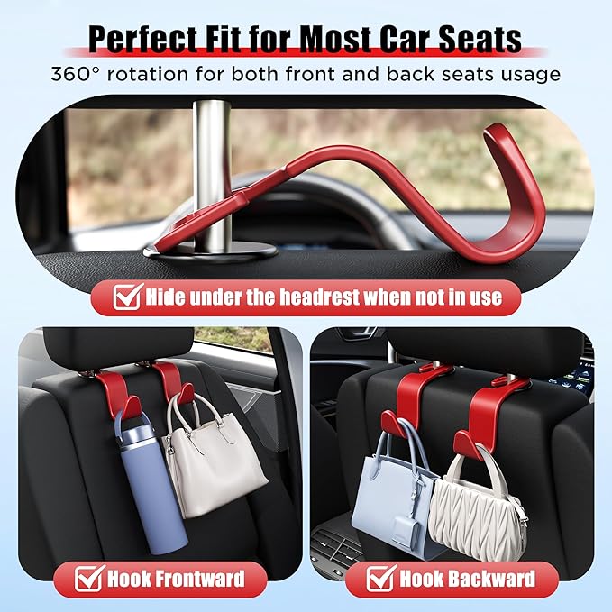 Amooca Car Seat Headrest Hook 4 Pack Hanger Storage Organizer Universal for Handbag Purse Coat Universal fit Vehicle Car Red with Clip