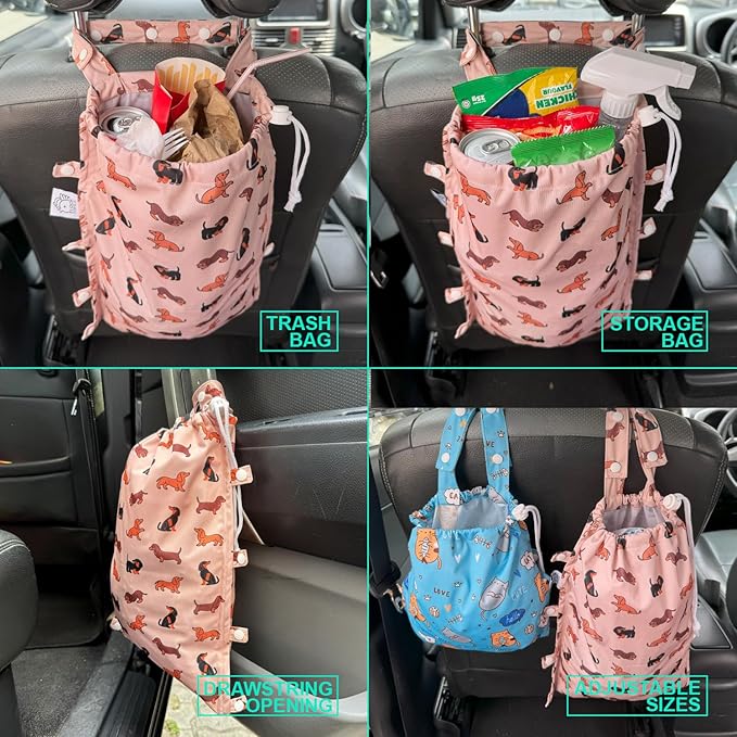 FLOCK THREE Leak-Proof Waterproof Car Trash Bag Foldable Multipurpose Trash bin Container Storage Cute Grocery Organizer for Automotive Cars SUVs and Trucks Backseat Headrest 7 Liters