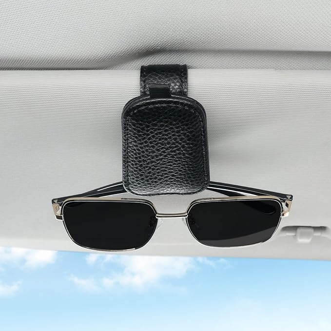 SINGARO Sunglasses Holder for Car, Leather Magnetic Buckle Sun Visor Sunglass Clip, Ticket Card Storage Glasses Clip, Car Interior Accessories for Men and Women（Black）