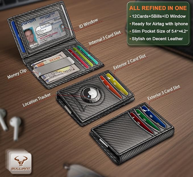 BULLIANT Men Airtag Wallet,Slim Wallet Money Clip Card Holder Magnetic Closure 12 Cards in Front Pocket RFID Blocking