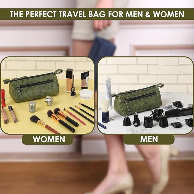 Leather Makeup Bag for Women – Genuine Leather Cosmetic Bag Travel, Handmade Zippered Makeup Pouch, Small Toiletry Bag, Shaving Kit & Stationery Organizer- Forest Green