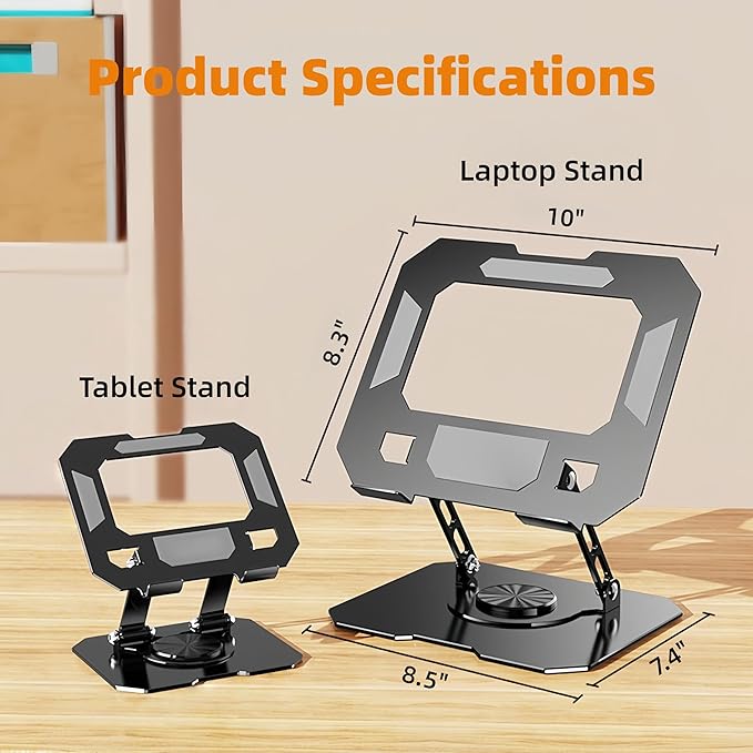Laptop Stand for Desk - Ergonomic Aluminum Alloy Computer Riser, 360° Rotating & Adjustable & Foldable, with Large Hollow Cooling, Stable Holder for MacBook, Dell, HP, Notebook(10-17"), Blk