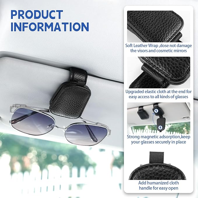 JUSTTOP 2 Pack Sunglasses Holders for Car, Magnetic Leather Buckle Sun Visor Sunglass Clip, Ticket Card Clip Sunglasses Mount, Car Interior Accessories for Men and Women (Black)
