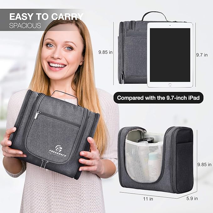 Freegrace Extra Large Hanging Toiletry Bag for Men and Women - Water-Resistant Nylon Travel Bathroom Organizer for Cosmetics, Makeup, and Toiletries