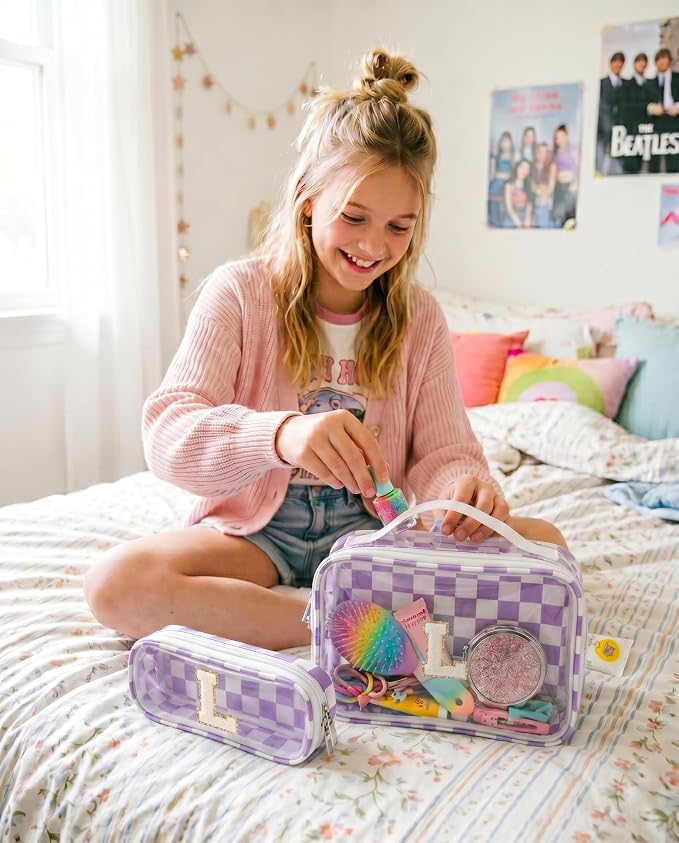 LETGO Skincare for Girls 10-12 Personalized Initial Makeup Bag丨Cosmetic Bag丨Travel Toiletry Bag丨Birthday Gifts for Women Her Bridesmaid Friend Wife Girlfriend Daughter Teacher Gifts(L,Purple&Beige)