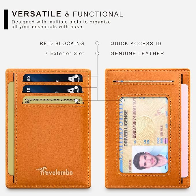 Travelambo 100% Genuine Leather Wallet for Men and Women, Slim Minimalist RFID Blocking Front Pocket Credit Card Holder with Gift Box(Brown 02)