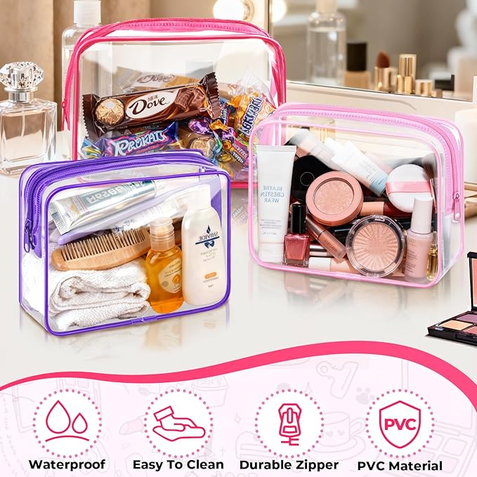 6 Pieces Clear Makeup Bags Bulk TSA Approved Toiletry Bag for Travel PVC Waterproof Clear Cosmetic Pouch with Zipper for Men and Women Carry-on Travel Essentials (Rose Red)