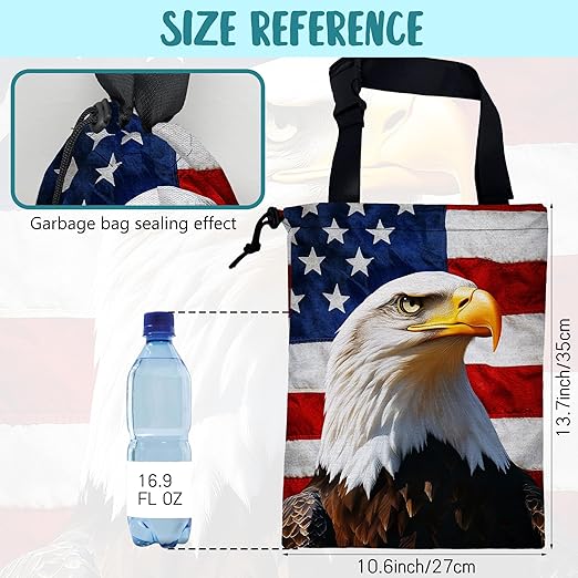Car Trash Bag American Flag and Eagle Leak-Proof Car Garbage Bag with Drawstring Foldable Canvas Trash Bin with Adjustable Buckle for Car Accessories, Travelling, Camping