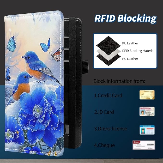 Check Book Cover for Personal Checkbook with Duplicate Checks for Women's & Men PU Leather Wallets Check Book Holder with Pen Card Slots Elastic Strap,Cute Blue Bird