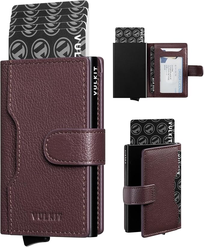 VULKIT Slim Bifold Pop up Wallet Minimalist Leather Card Holder RFID Blocking Metal Card Case with ID Window for Women | with Leather Slots, RFID Blocking, Slim, Metal Card Case