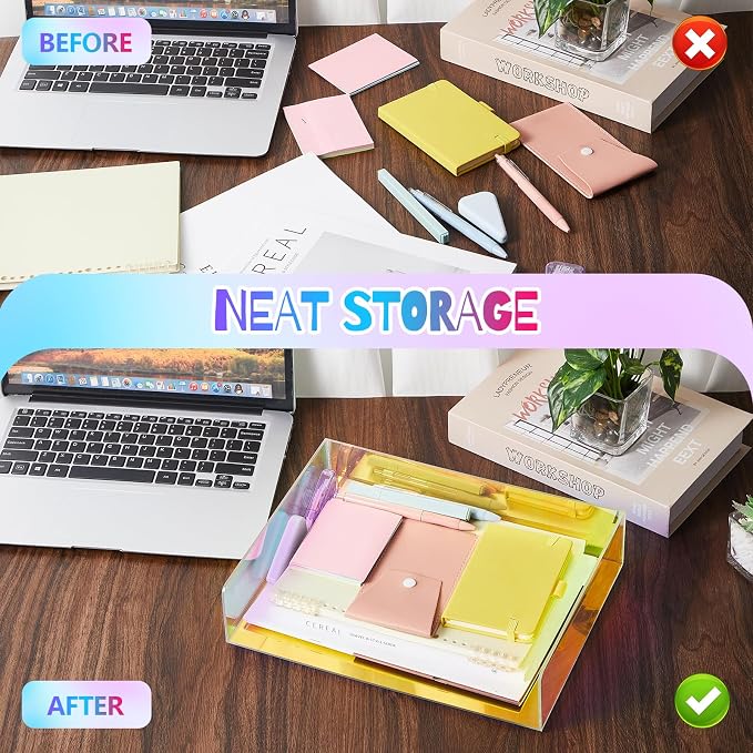 Suzile 3 Pcs Iridescent Acrylic Letter Organizer 12.6 x 9.5 x 2.8 Inches Stackable Iridescent Letter Tray Paper Tray for Desk File Document Folder Notebooks Stationery Office Accessories (Horizontal)