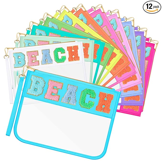 Abbylike 12 Pcs Clear Snack Bags Chenille Letter Beach Zipper Pouch Waterproof PVC Large Travel Makeup Cosmetic Storage Organizer Bag for Mom Team Cheerleaders Teacher (Multicolor)