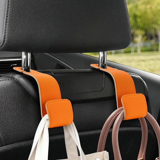 Leather Car Purse Hooks with Larger Strap Holder Purse Hook Purse Holder for car car seat Back Hooks Automotive seat Back Organizer headrest Hooks for Bags and Purse (Orange, 2pcs)