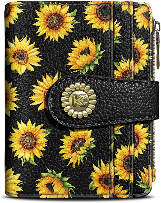 Kelvoris Sunflower Small Rfid Women Wallet Bifold Zipper Coin Pocket PU Leather Compact Cash Credit Card Holder Travel Wallet for Female Ladies Teen Girls 1 ID Window 10 Card Slots