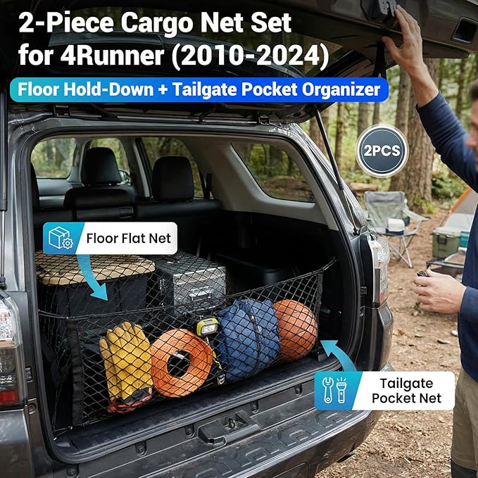 Trunk Cargo Net Fits for 2010-2024 Toyota 4Runner Trunk Organizer Elastic Stretchable String Bag Cargo Storage Pocket Compatible with 4Runner 5-Seat 2nd Row Accessories Floor+Tailgate Net