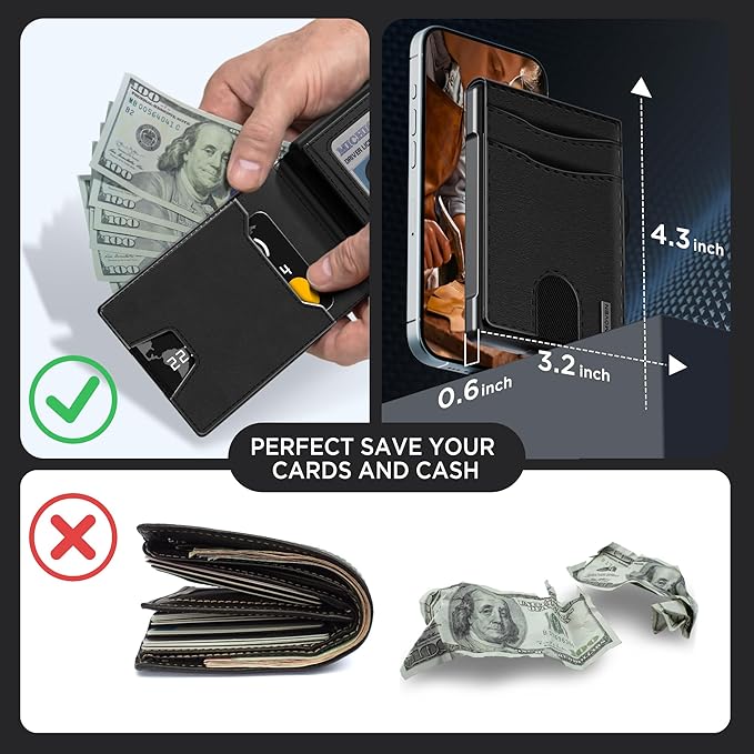 umoven Wallet for Men - Pop Up Case, Cash Slot, and Credit Card Slot - Slim Aluminum Wallet with RFID Blocking, Minimalist Leather Wallet Front Pocket with ID Window, Gift Box (Dark black)