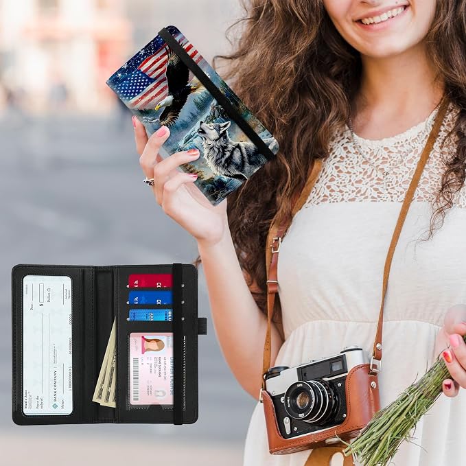 Premium PU Leather Checkbook Cover for Men & Women,RFID Blocking Slim Check Book Holder with Duplicate Check Divider & Pen Holder,Fits Standard Personal Checks,Eagle & Wolf