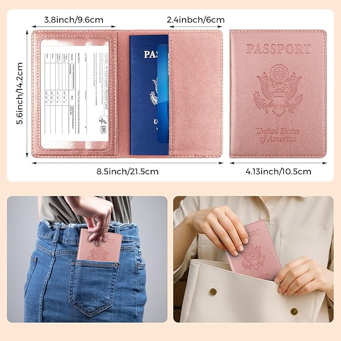 Passport Holder for Travel Men Women - Passport Cover, Passport Wallet Case Travel Essentials Travel Must Haves Accessories Blocking Leather Card Slot Protector for Stocking Stuffers Gifts, Rose Pink