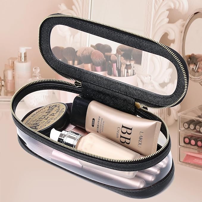 Pinkmik Makeup Brush Case Clear Travel Cosmetic & Toiletry Bag Slim Makeup Bag with Zipper Small Purse Organizer Car Essential Bag for Women (Black, SLIM L),
