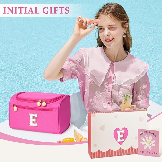 COSHAYSOO Practical Birthday Gifts for Woman Friend Sister Bestie 16 17 18 19 20 21 25 30 Year old, Initial Hanging Toiletry Bag Waterproof for Women Travel Skin Care Toiletries Hot Pink Letter E