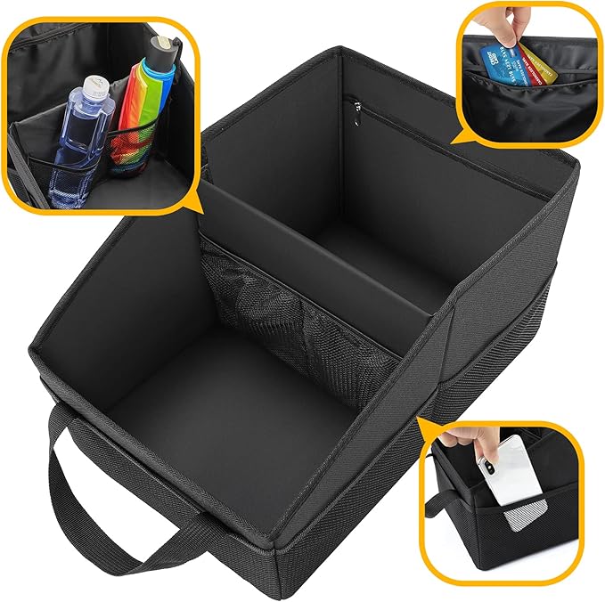 Car Organizer - Automotive Organizer for Front And Back Seat or Floor, Car Caddy Organizer with Divide, Handles and Multiple Mesh Pockets