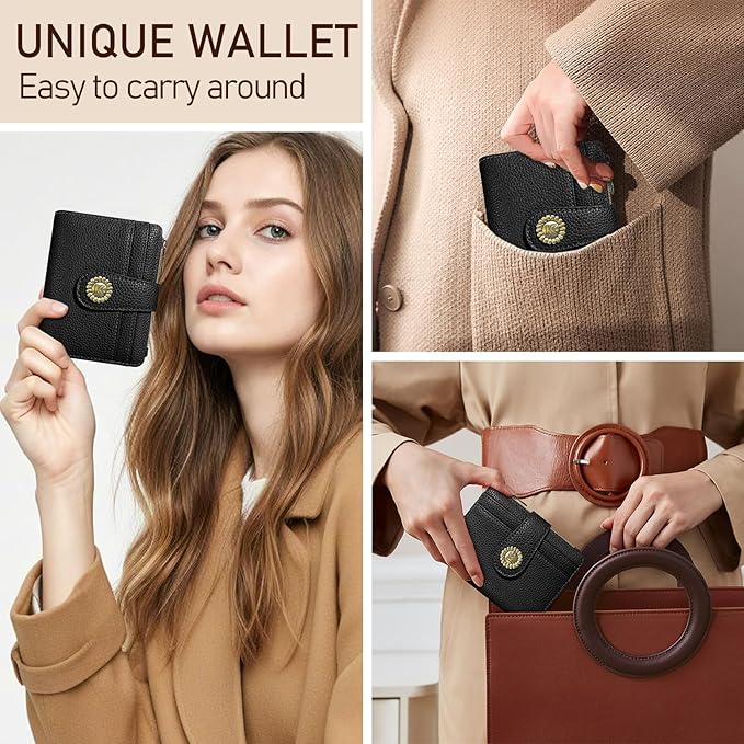 Kelvoris Small Rfid Women Wallet Bifold Zipper Coin Pocket PU Leather Compact Cash Credit Card Holder Travel Wallet for Female Ladies Teen Girls 1 ID Window 10 Card Slots Black