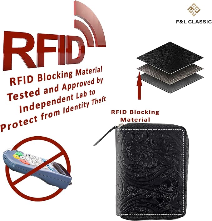 Passport Wallet - Travel Document Holder w/RFID Blocking – Full Grain Leather – Bifold compact zip around Wallet with Credit Card Slots for Women and Men, black floral,500-40