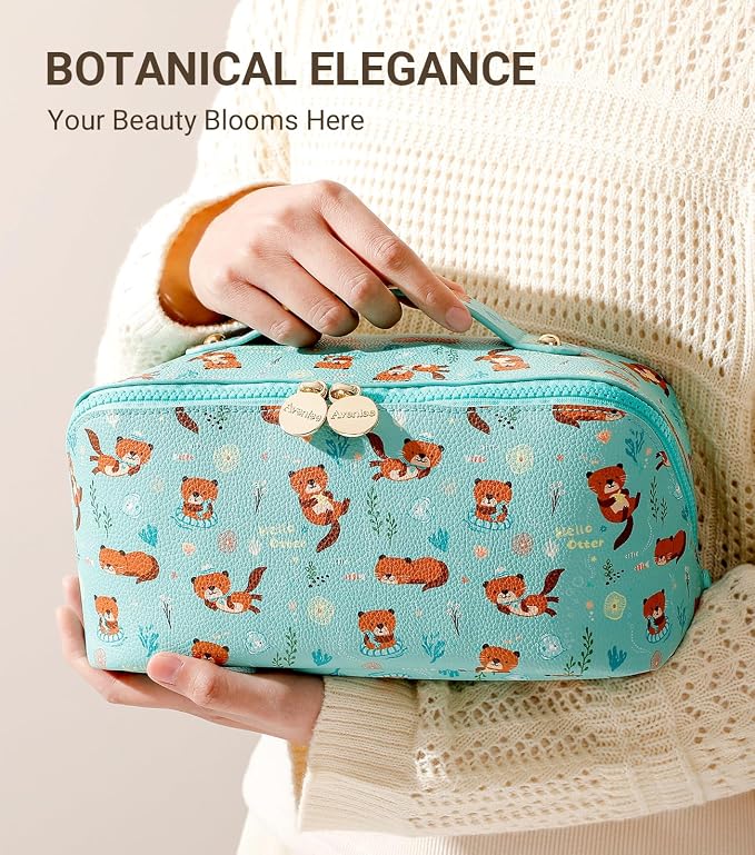 Aveniee Travel Makeup Bag for Women, Large Cosmetic Organizer with Open-Flat Design, Clear Divider & Handle - Waterproof PU Leather Toiletry Case (Otter Pattern)