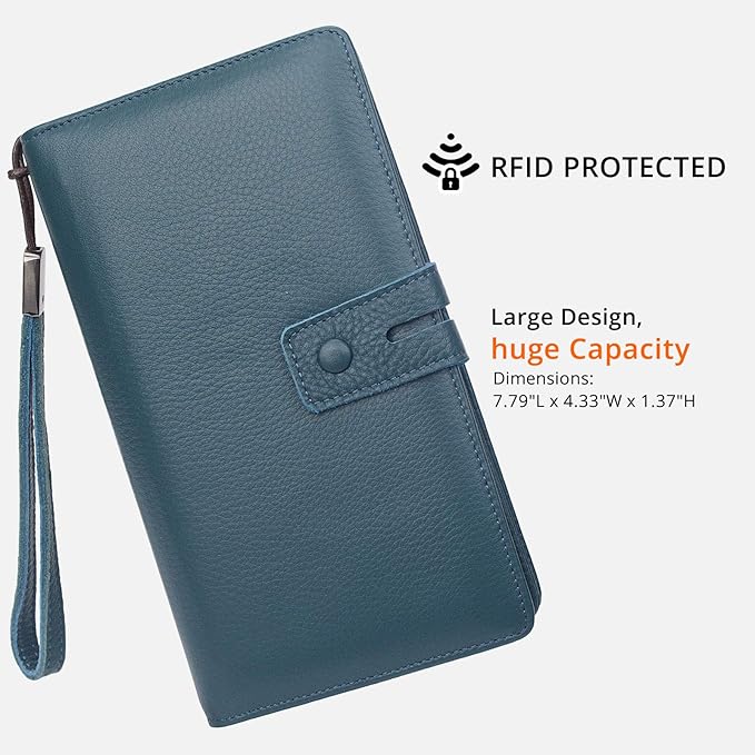 Women's Big Fat RFID Blocking Leather Wristlets Wallet Organizer Checkbook Holder (Blue)