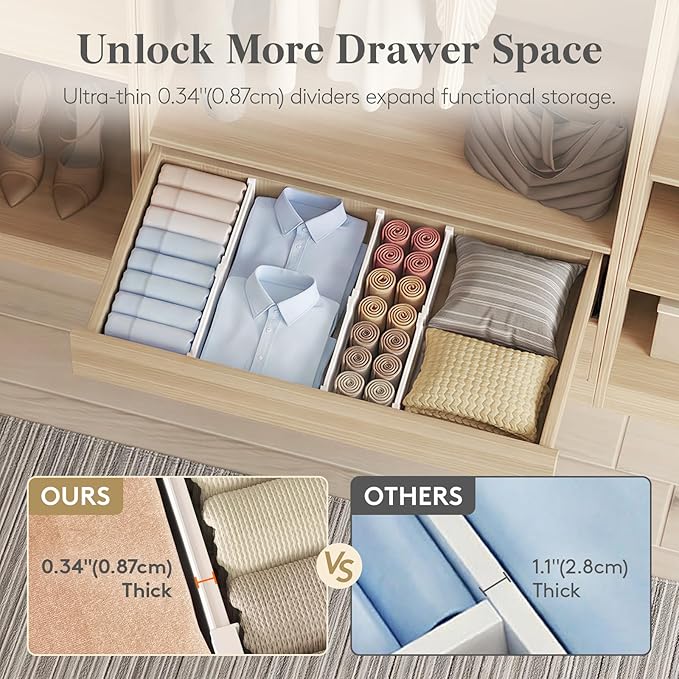 Lifewit Drawer Dividers for Clothes, 3.2" Tall 10.5"-16.5" Expandable Dresser Drawer Dividers, Adjustable Dresser Drawer Organizers, White Drawer Separators for Bedroom/Bathroom/Kitchen, 4 Pack