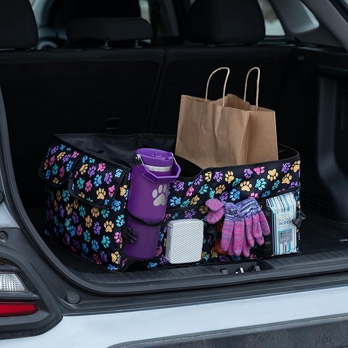 GreaterGood Collapsible Paw Print Car Trunk Organizer with 6 Pockets Truck SUV and Sedan Caddy With Compartment Vehicle Storage Container (Argyle Paws)