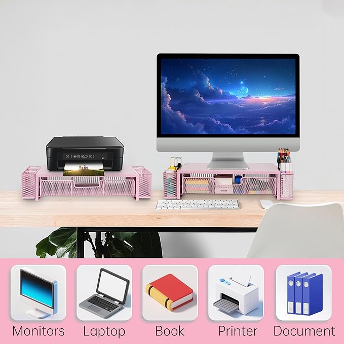 Computer Monitor Stand Riser with Drawer and Pen Holders, Desk Organizer Shelf and Accessories, Office Desk Accessories, Office Organization, Pink