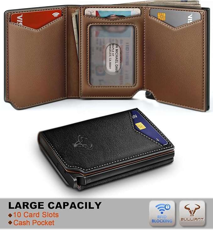 BULLIANT Men Wallet Leather Wallet Card Holders Money Clip for Men 10Cards-Magnetic Flip on Metal Case