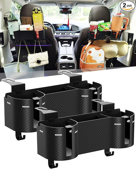 Car Headrest Backseat Cup Holder 3.7" with Organizer, High Capacity 4 in 1 Seat Back Organizer with Headrest Hooks, Multifunctional Storage for Car Travel Accessories Compatible with Most Vehicles