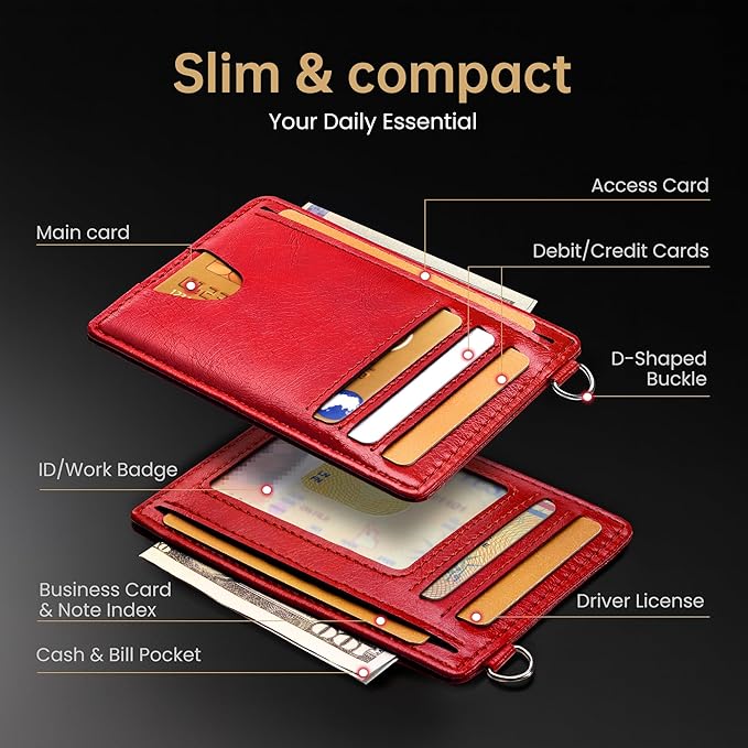 Mayski Slim Wallet, Credit Card Holder for Women, Minimalist Front Pocket RFID Blocking Card Cases, Small Wallet Women Men(Oiled Wax Cherry)
