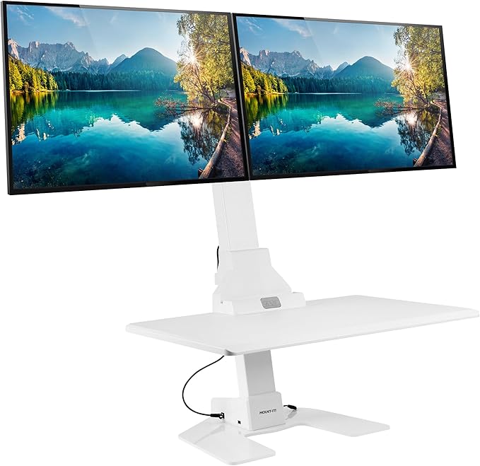 Mount-It! Electric Standing Desk Converter, Motorized Sit Stand Desk Riser with Dual Monitor Mounts, Adjustable Height Ergonomic Workstation with 28??Wide Platform and Tablet/Phone Slot, White