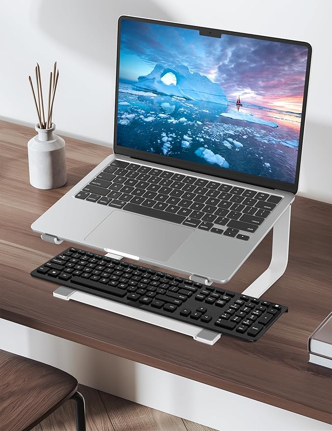 SOUNDANCE Laptop Stand for Desk, Ergonomic Metal Computer Riser for 12-17.3 Inch Laptops, Heavy Duty Stable Desktop Holder, Improves Eye Level & Workspace Organization, White