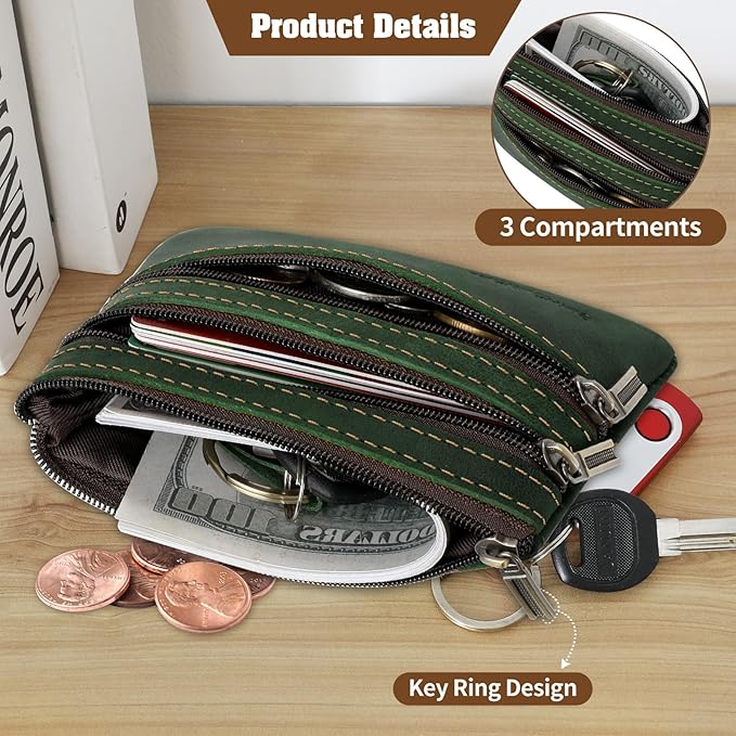 Jack&Chris Coin Purse Pouch for Men, Genuine Leather Coin Purse Zipper Pocket with Keychain Ring, Coin Bag for Men,JC301-Green
