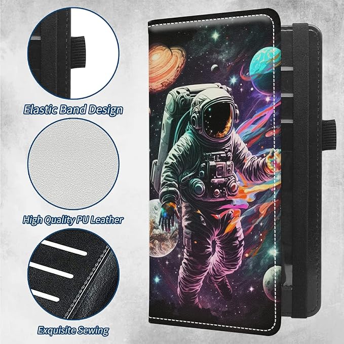 Checkbook Covers for Personal Checkbook Duplicate Checks RFID Blocking Checkbook Cover for Women Men with Elastic Strap Card Slots Pen Holder - Astronauts