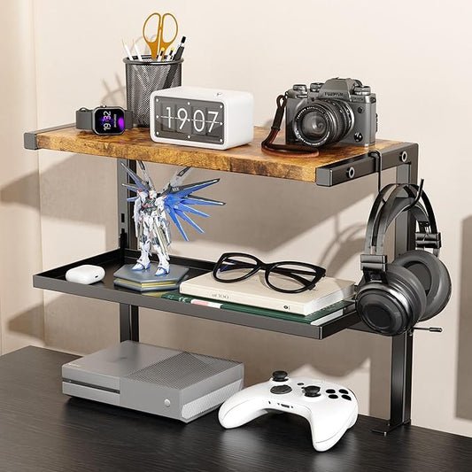 2-Tier Clamp on Desk Shelf, 17" Adjustable Above or Under Desk Shelves Organizer, No Drilling Desktop Storage Shelf with Headphone Holder, Desktop Storage Rack or Office and Gaming Accessories (Brown)