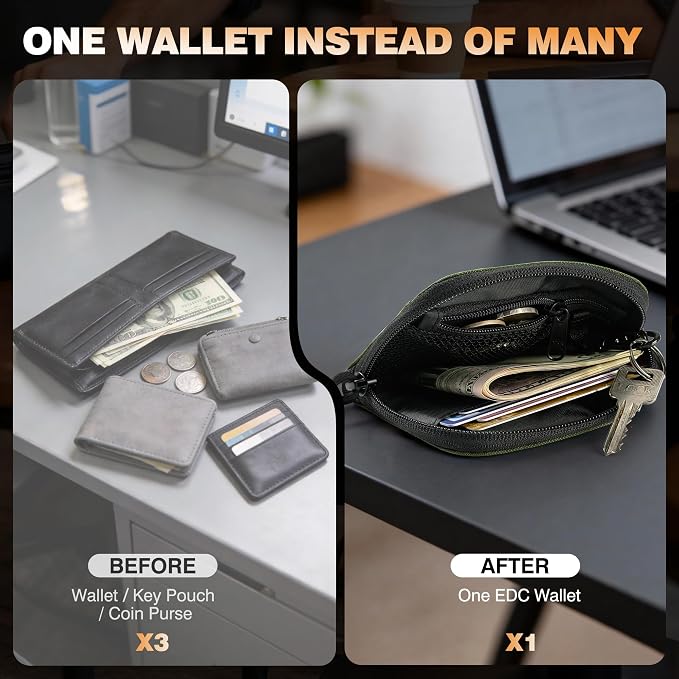 Coin Purse for Men, RFID Blocking 500D Nylon Small Wallet with Key Clip, Slim Front Pocket Card Holder, Zipper Coin Pouch & ID Window Organizer for Cards, Cash