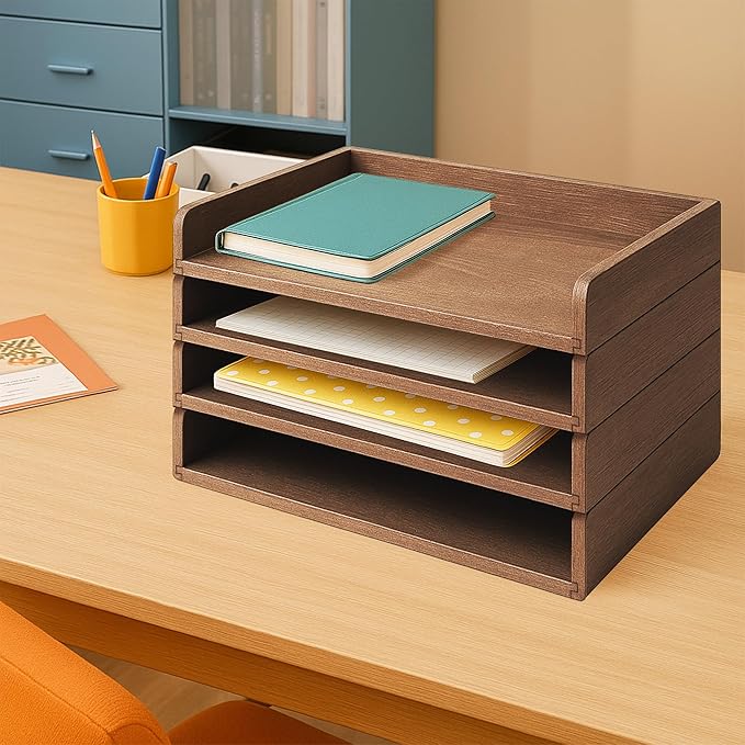 PROLEE Wooden Paper Tray Organizer for Desk,Stackable Paper Holder and Letter Tray,4-Tier Desktop File Storage Rack for Study,Home and Office(Walnut,14" x 9.5" x 2.5")