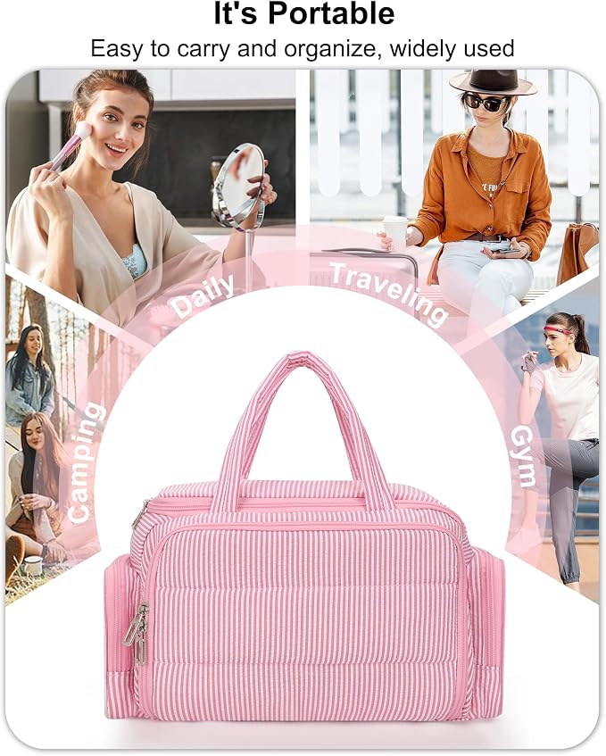 Travel Makeup Bag, Lightweight Wide-open Toiletries Bag for Women, Large Cosmetic Organizer Bag with Makeup Brushes Compartment for Travel-Sized Essentials for Trip, Camping - Pink Strip