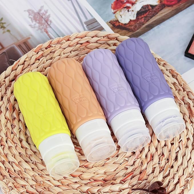 100 ml Silicone Travel Bottles for Toiletries with Labels/Clear Bag, Holiday Travel Essentials Leakproof Refillable Squeeze Travel Size Containers Set for Shampoo and Conditioner