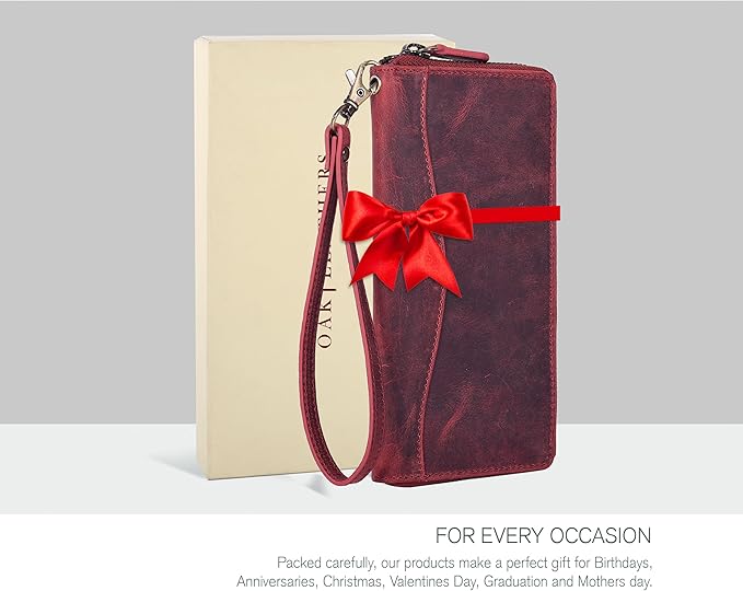 Oak Leathers Red Vintage Leather Wallet for Women - RFID Womens Wallet Clutch with 8 Credit Card Holder, Coin Pocket, Gift for Women’s